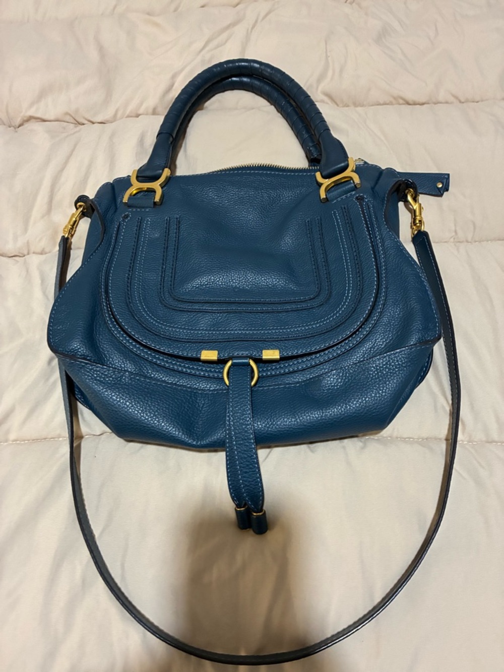 Authentic Chloe Marcie Med Teal Leather Shoulder Satchel with Gold Hardware